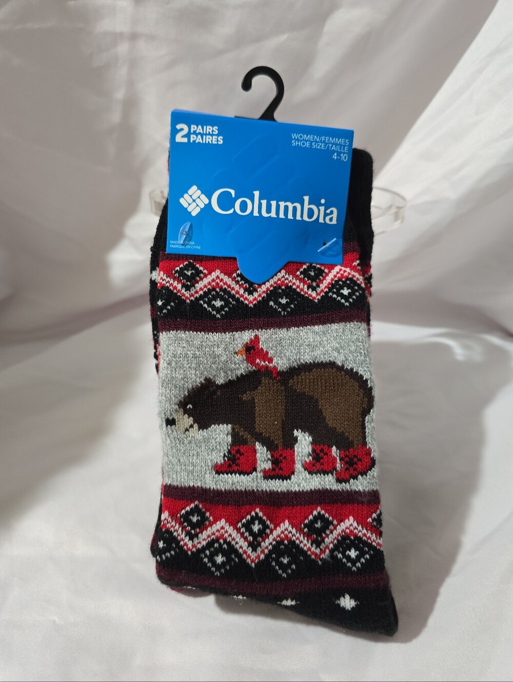 NWT Columbia Women's 2 Pairs Thermal Cushion Crew Socks Bear Print